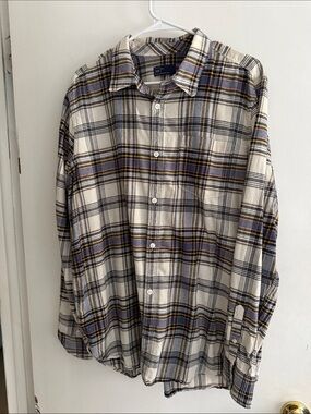 GAP Men’s Cream Plaid Button-Up Shirt with Blue and Yellow Stripes